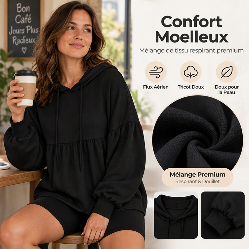 Sweat-shirt à capuche ample avec ourlet volanté pour femme