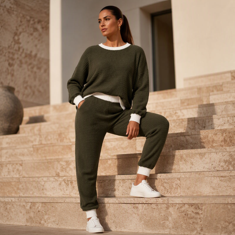 Ensemble 2 pièces décontracté en tricot gaufre pour femmes