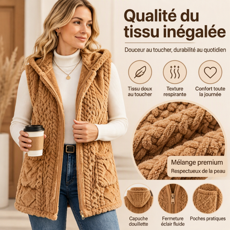 Gilet à capuche double face pelucheux confortable pour femmes