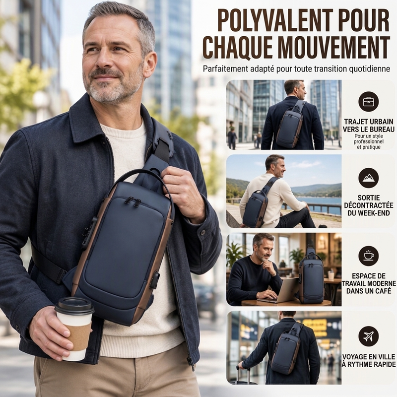 Sac bandoulière anti-vol avec port de charge USB pour hommes