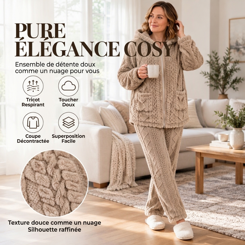 Ensemble veste à capuche en maille torsadée pelucheuse et pantalon pour femmes🚛 Livraison gratuite ⚡
