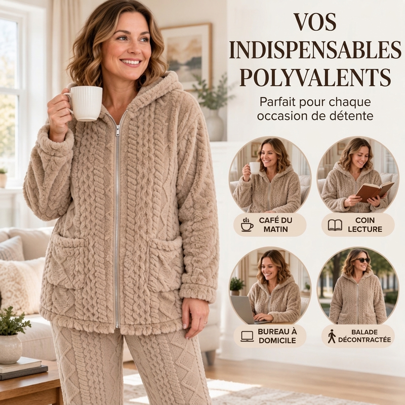 Ensemble veste à capuche en maille torsadée pelucheuse et pantalon pour femmes🚛 Livraison gratuite ⚡