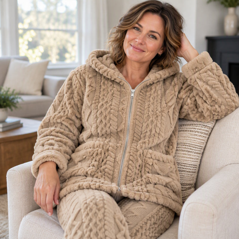 Ensemble veste à capuche en maille torsadée pelucheuse et pantalon pour femmes🚛 Livraison gratuite ⚡