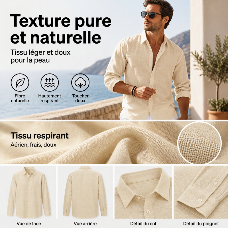 Chemise en lin décontractée, légère et respirante pour homme