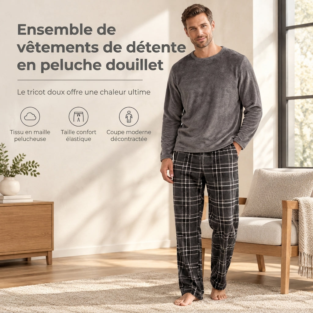 🚛 Livraison gratuite ⚡Ensemble Pyjama en Maille Douce et Moelleuse pour Homme, Haut Col Rond Uni et Pantalon à Carreaux