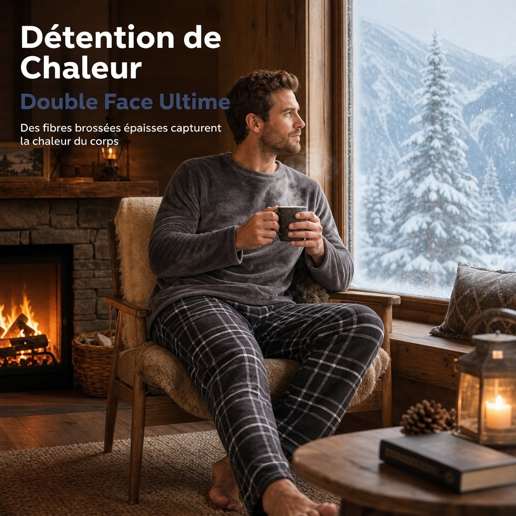 🚛 Livraison gratuite ⚡Ensemble Pyjama en Maille Douce et Moelleuse pour Homme, Haut Col Rond Uni et Pantalon à Carreaux