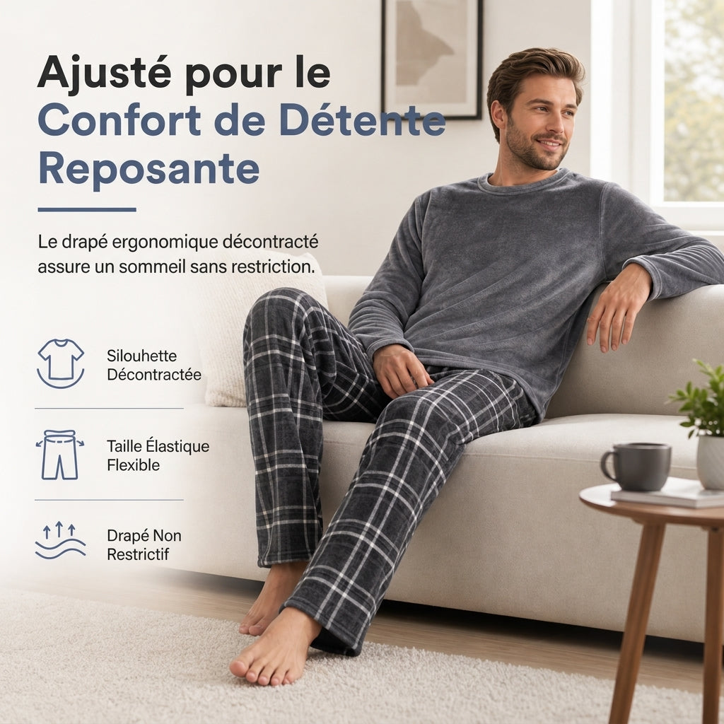 🚛 Livraison gratuite ⚡Ensemble Pyjama en Maille Douce et Moelleuse pour Homme, Haut Col Rond Uni et Pantalon à Carreaux