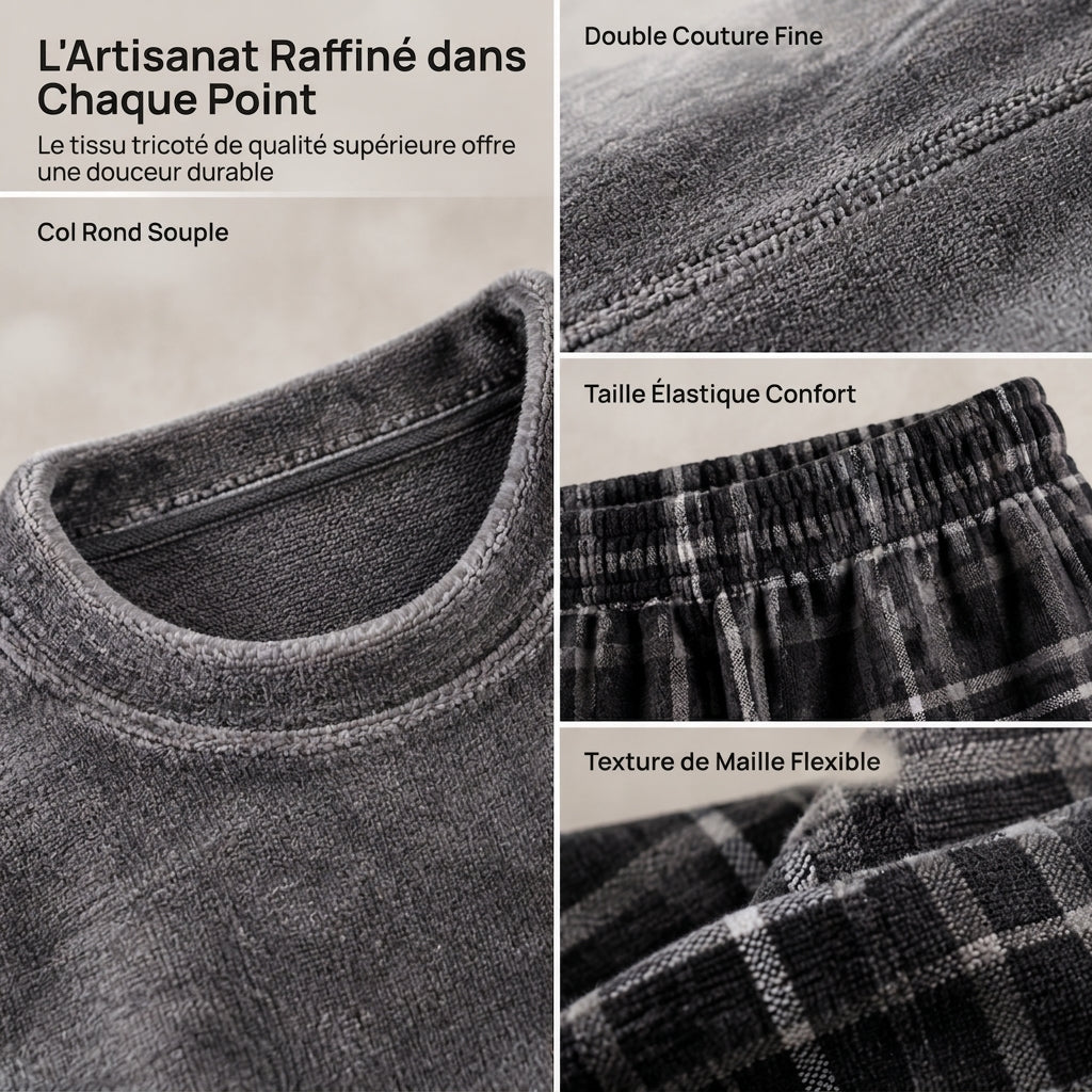 🚛 Livraison gratuite ⚡Ensemble Pyjama en Maille Douce et Moelleuse pour Homme, Haut Col Rond Uni et Pantalon à Carreaux