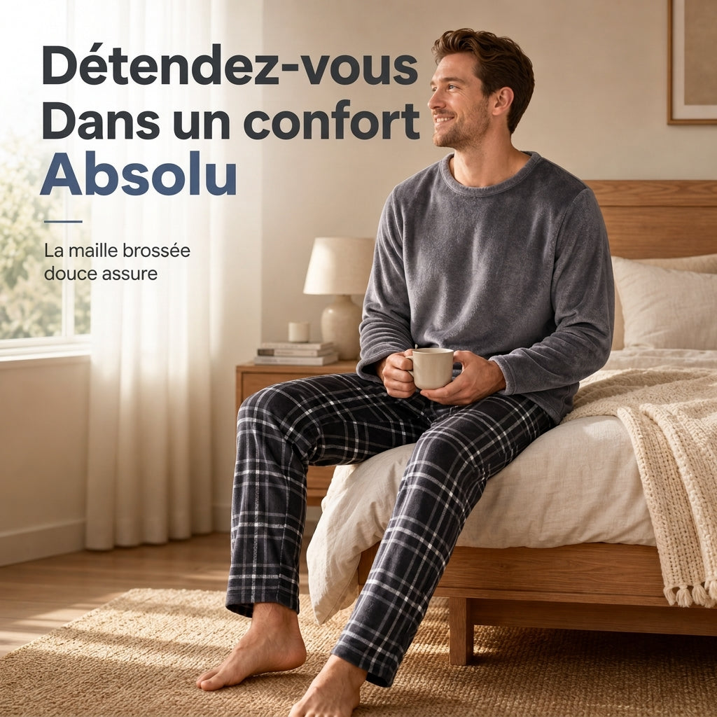 🚛 Livraison gratuite ⚡Ensemble Pyjama en Maille Douce et Moelleuse pour Homme, Haut Col Rond Uni et Pantalon à Carreaux