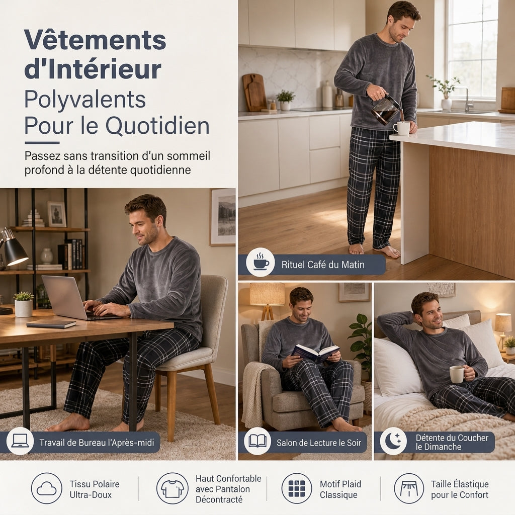 🚛 Livraison gratuite ⚡Ensemble Pyjama en Maille Douce et Moelleuse pour Homme, Haut Col Rond Uni et Pantalon à Carreaux