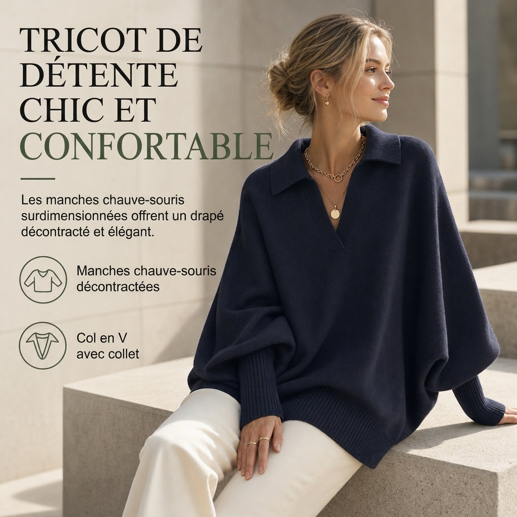 Pull en maille col rabattu coupe ample pour femme, tricot décontracté et souple, manches longues, couleur unie