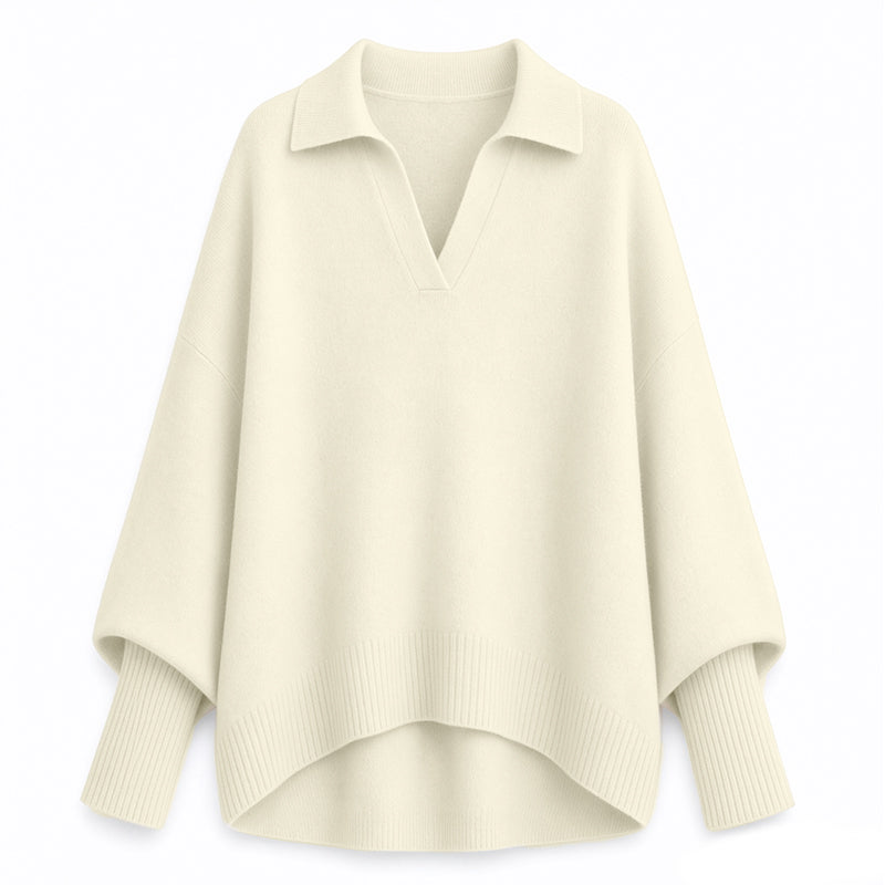 Pull en maille col rabattu coupe ample pour femme, tricot décontracté et souple, manches longues, couleur unie
