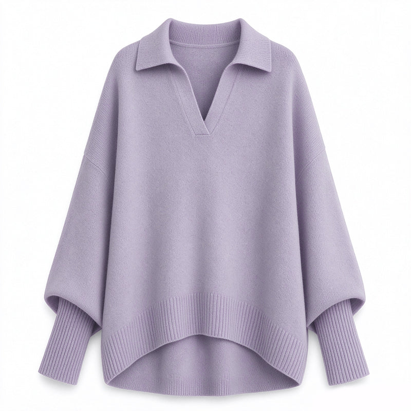 Pull en maille col rabattu coupe ample pour femme, tricot décontracté et souple, manches longues, couleur unie