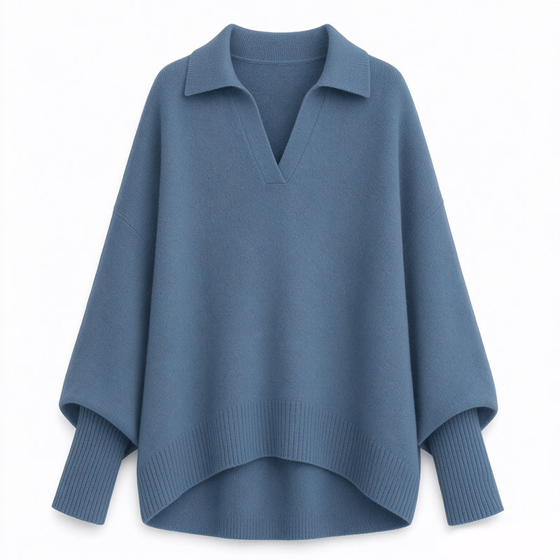 Pull en maille col rabattu coupe ample pour femme, tricot décontracté et souple, manches longues, couleur unie