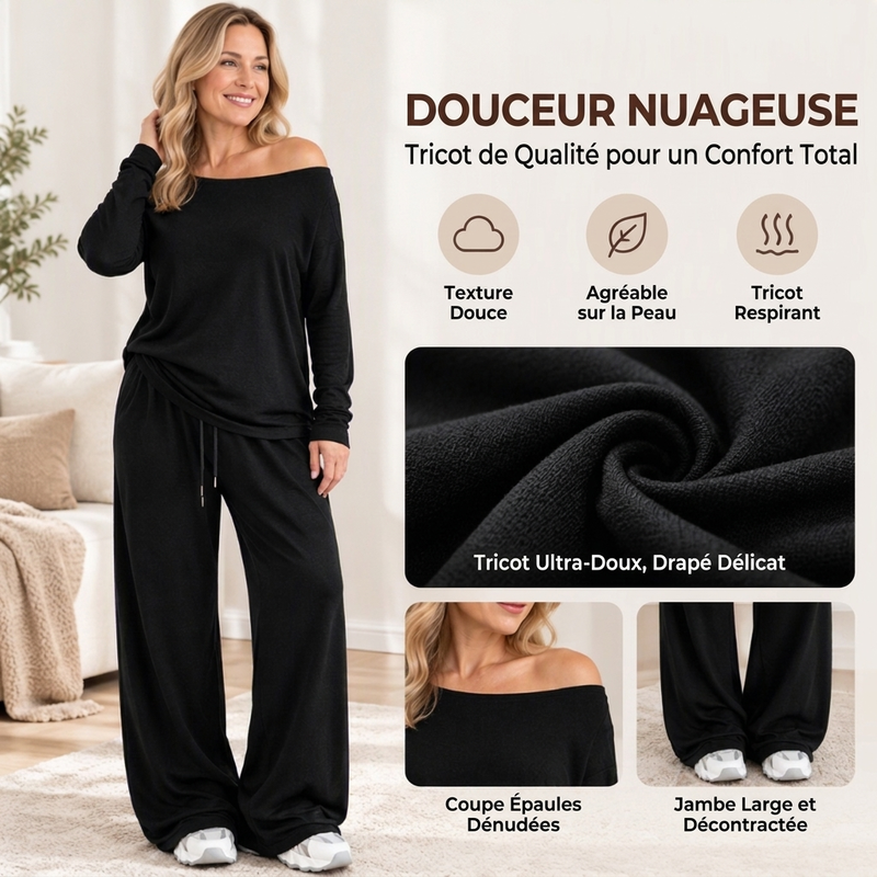 Ensemble Femme Top Épaules Dénudées Manches Longues & Pantalon Large🚛 Livraison gratuite ⚡