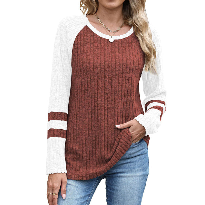 💖Haut en maille côtelée à manches longues color-block pour femme