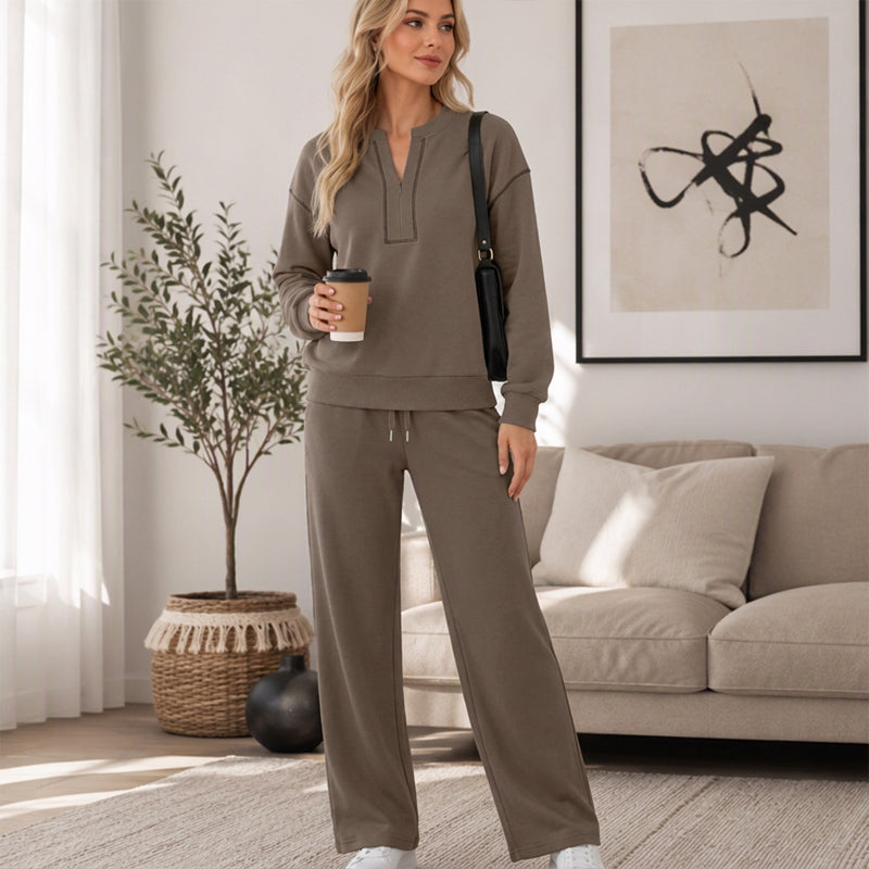 🚛 Livraison gratuite ⚡Ensemble femme top à manches longues demi-zippé et pantalon large