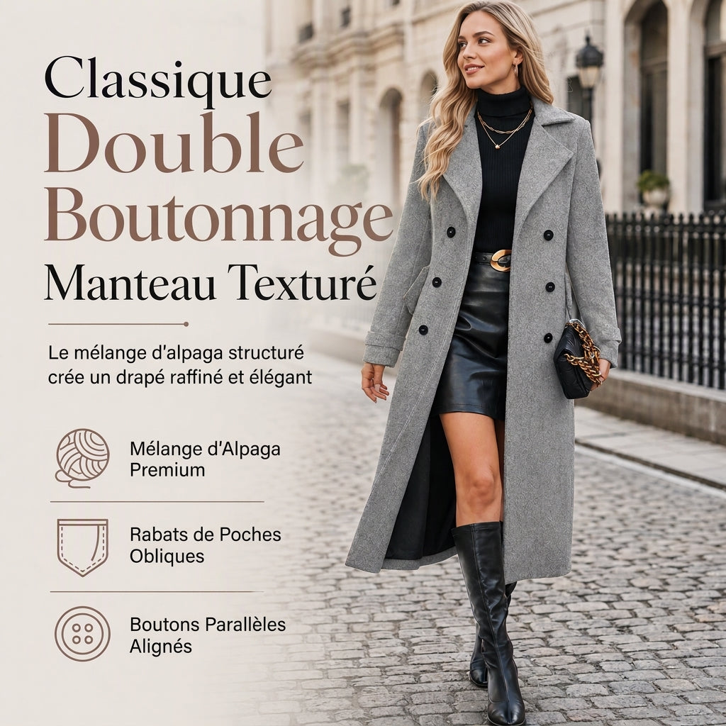 🚛 Livraison gratuite ⚡Manteau long texturé double boutonné pour femme, élégant pour les tenues de bureau