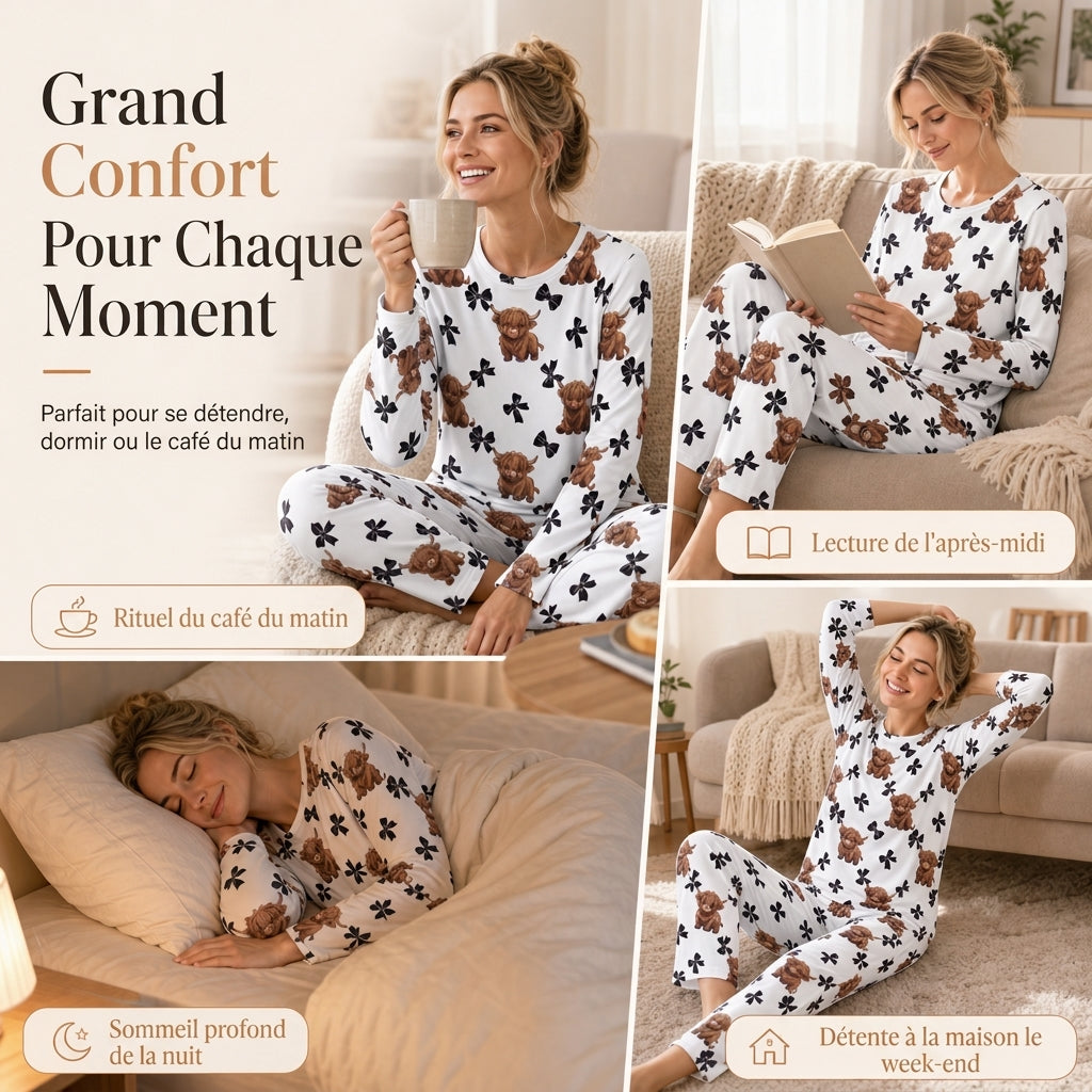 ☁️ Toucher doux comme un nuage, confort optimal pour se détendre | Ensemble pyjama en soie de lait douce pour femmes, haut à manches longues et pantalon long, vêtement de détente décontracté