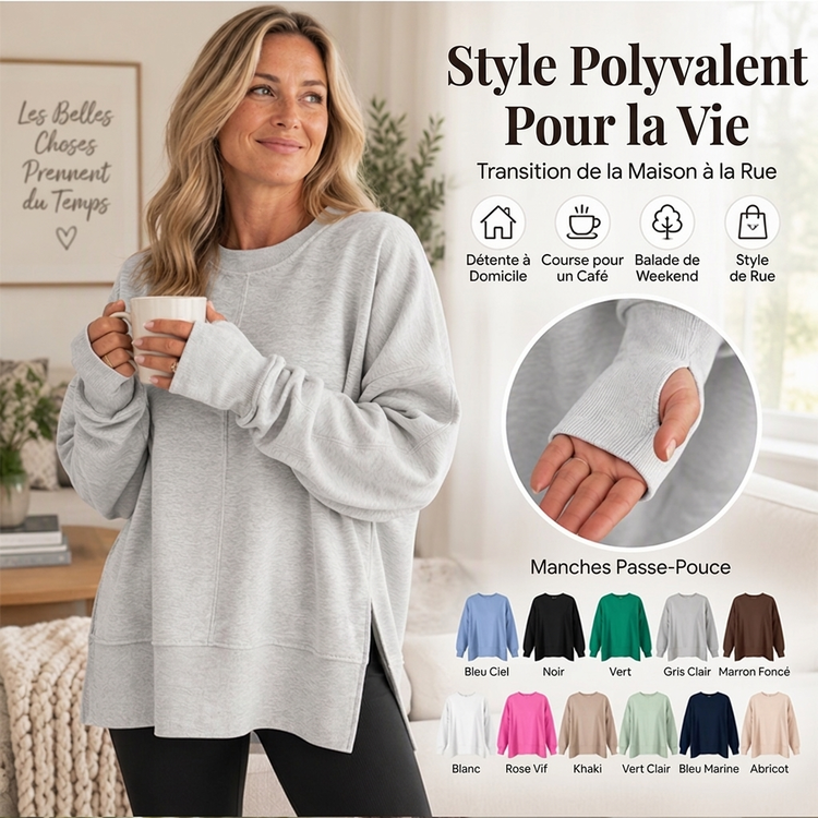 Pull à col rond ample pour femmes avec fente latérale