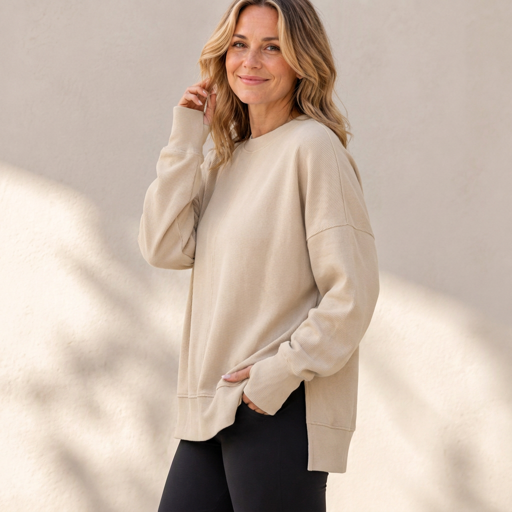 Pull à col rond ample pour femmes avec fente latérale
