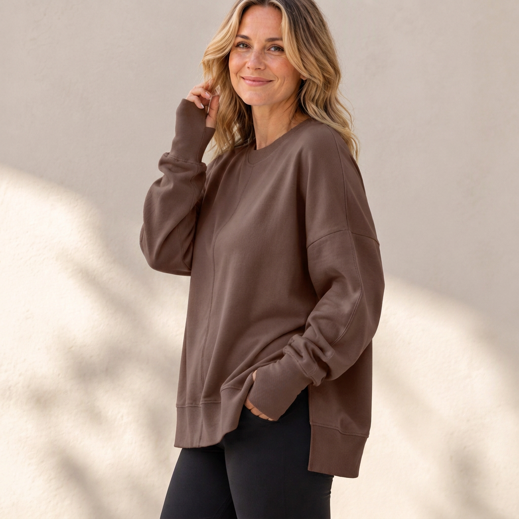 Pull à col rond ample pour femmes avec fente latérale