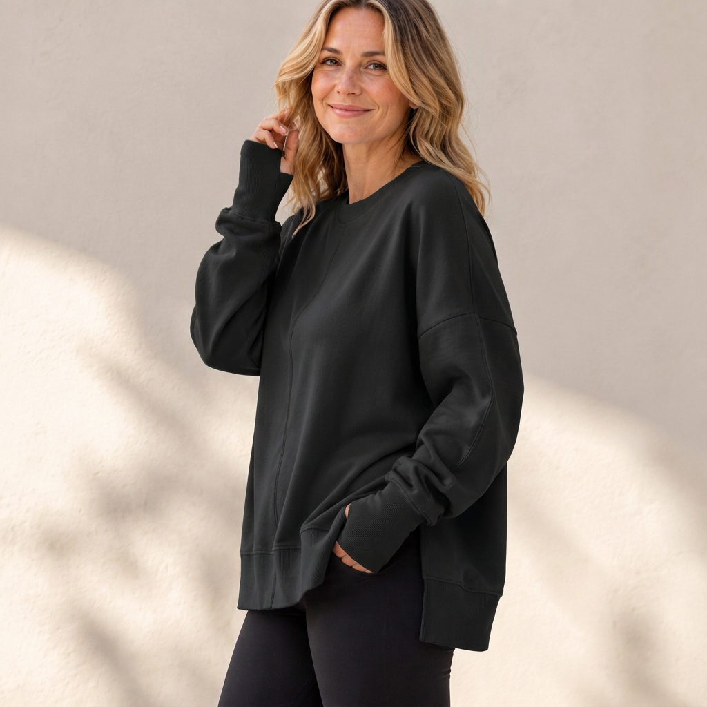 Pull à col rond ample pour femmes avec fente latérale