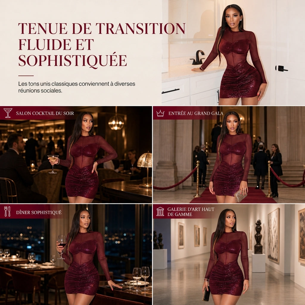 Robe moulante sexy pour femme en résille transparente à manches longues, élégante pour soirées