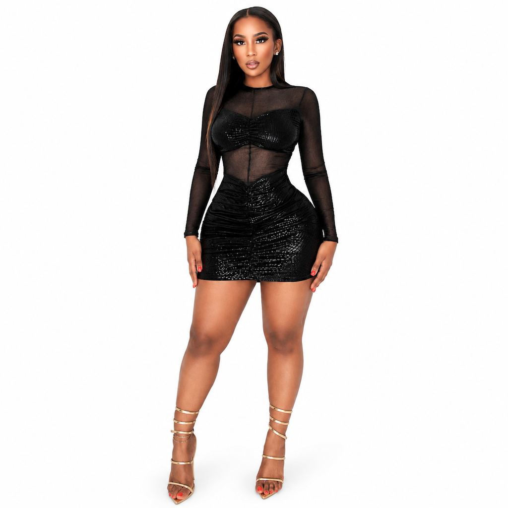 Robe moulante sexy pour femme en résille transparente à manches longues, élégante pour soirées
