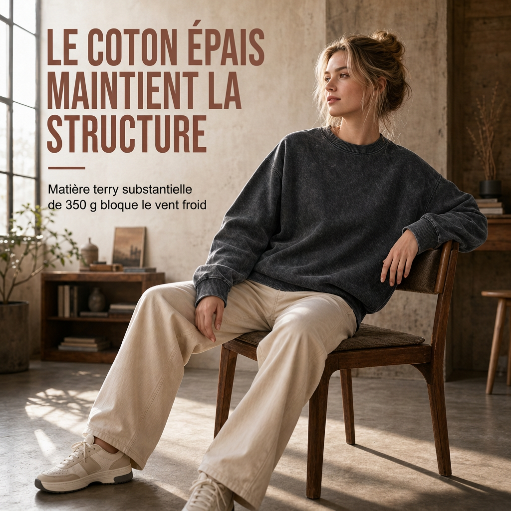 Pull à col rond épais unisexe, style vintage lavé