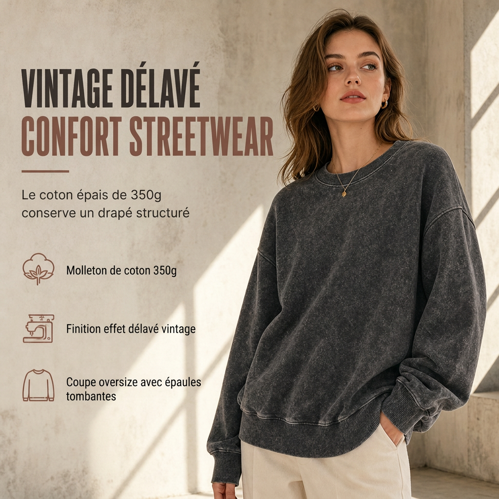 Pull à col rond épais unisexe, style vintage lavé