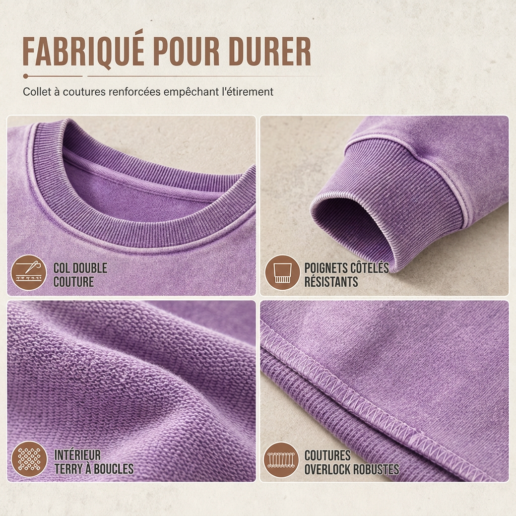 Pull à col rond épais unisexe, style vintage lavé
