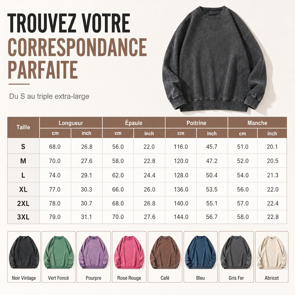 Pull à col rond épais unisexe, style vintage lavé