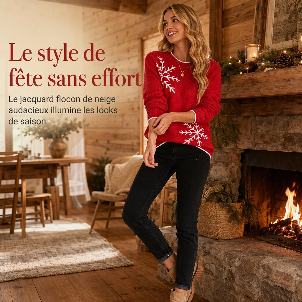 Pull en maille jacquard à flocons de Noël pour femme, col rond, coupe ample, pour automne et hiver