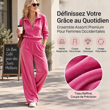 Ensemble pull femme vintage demi-zip et pantalon large