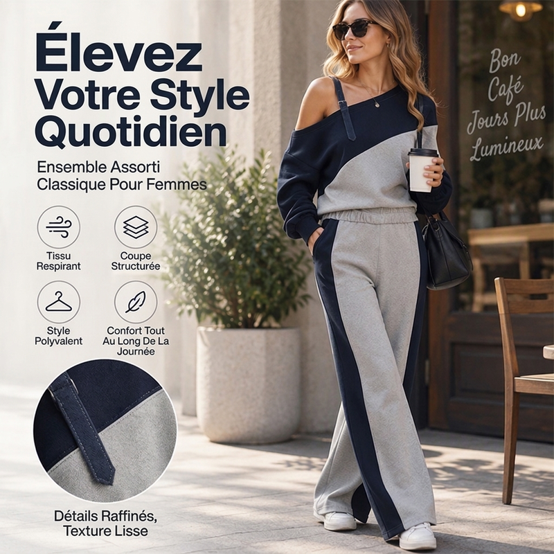 Ensemble 2 pièces décontracté à épaules dénudées et blocs de couleurs pour femmes