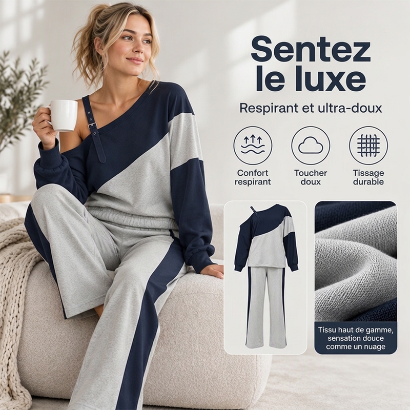 Ensemble 2 pièces décontracté à épaules dénudées et blocs de couleurs pour femmes