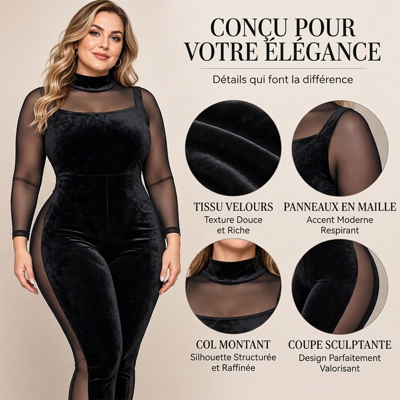 Combinaison moulante en velours résille transparente pour femme