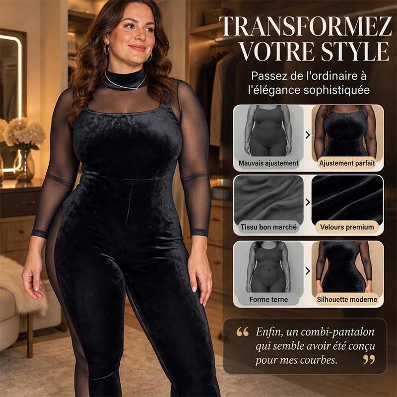 Combinaison moulante en velours résille transparente pour femme