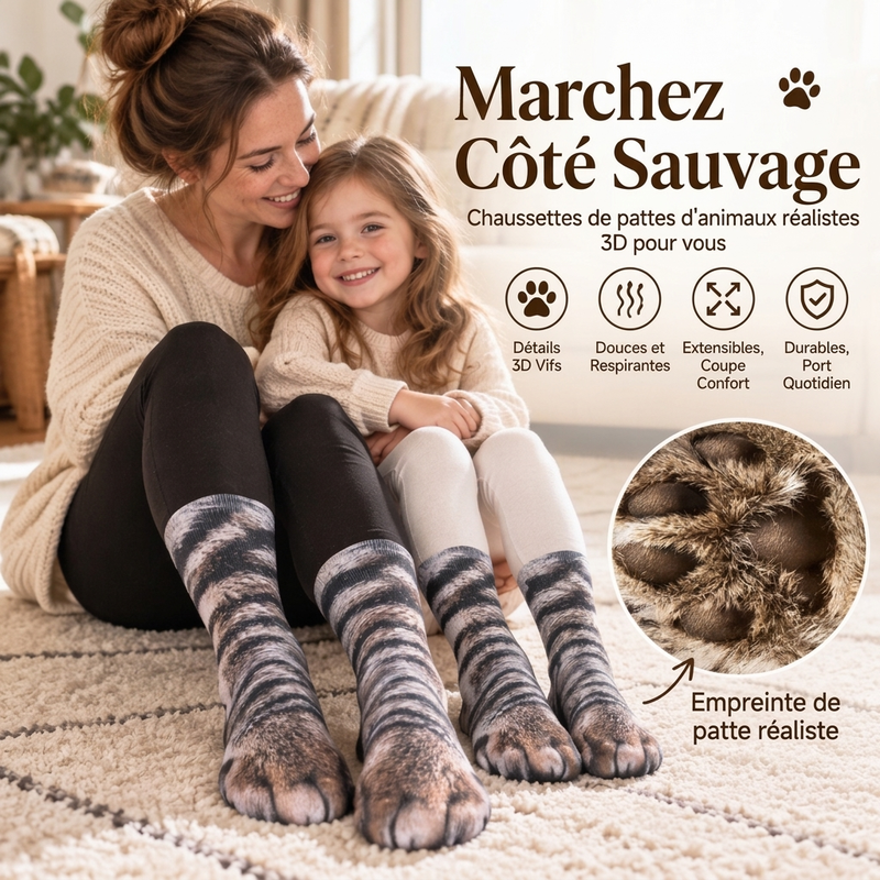 Chaussettes montantes avec motif pattes d'animaux pour adultes et enfants unisexes