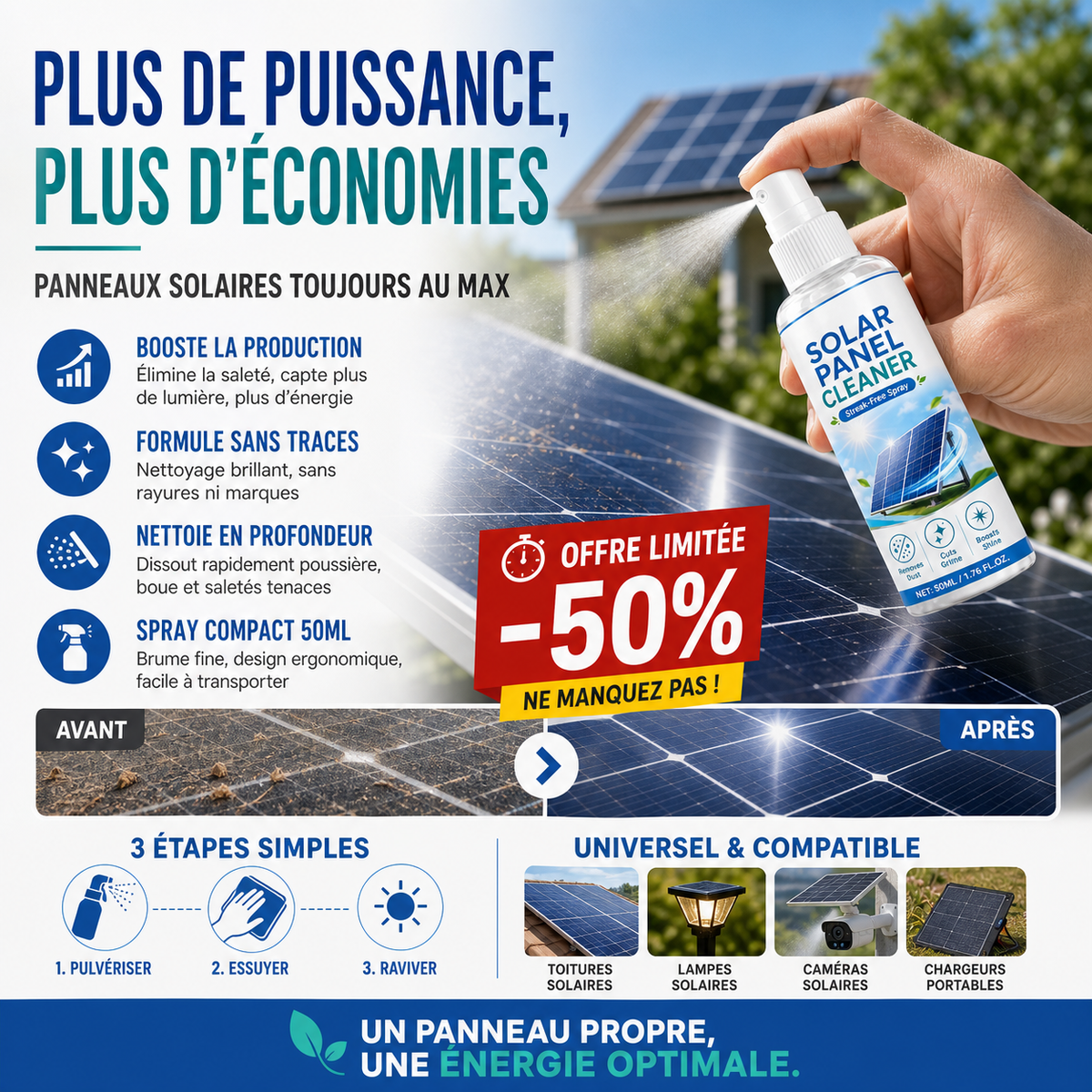 ☀️🧴 Spray nettoyant haut de gamme panneaux solaires, élimine poussière et saleté pour rendement maximal ✨
